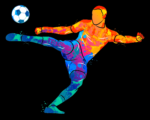 Fußballspieler in dynamischer Flugposition mit buntem Aquarell-Stil, schießt auf Ball
