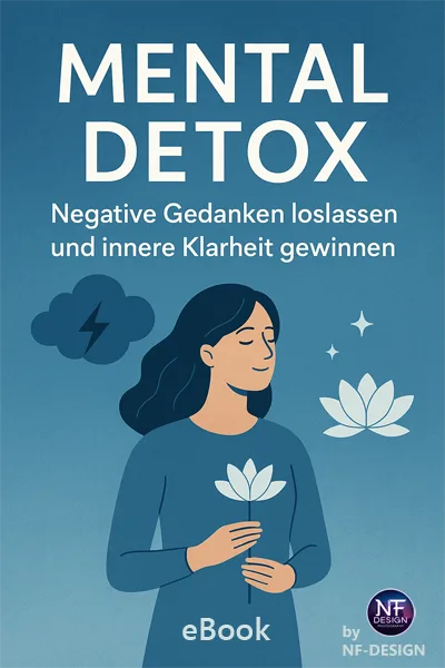 Mental Detox eBook Cover kleinformat mit meditierender Frau, Lotus und Wolkensymbol auf Blau
