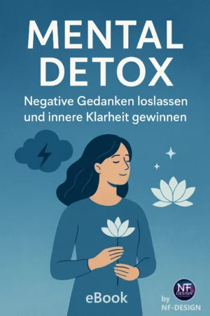 Mental Detox eBook Cover mit meditierender Frau, Lotus-Symbolen und Gedankenwolke auf blauem Hintergrund