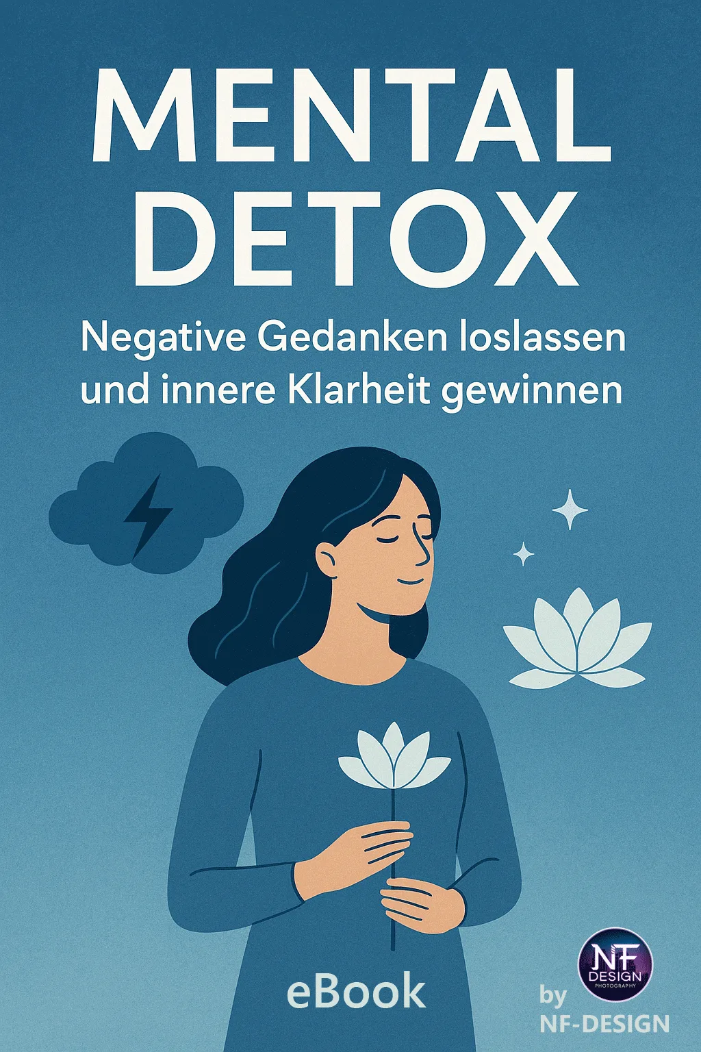 Mental Detox eBook Cover mit meditierender Frau, Lotus-Symbolen und Gedankenwolke auf blauem Hintergrund