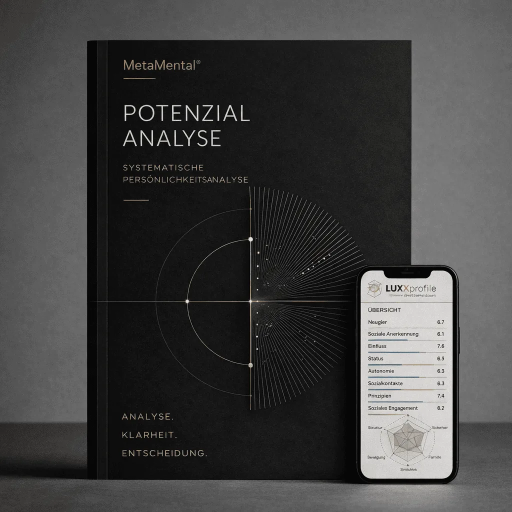 Potenzialanalyse Buch mit MetaMental-Logo und LUX-Xprofile Auswertung auf Smartphone