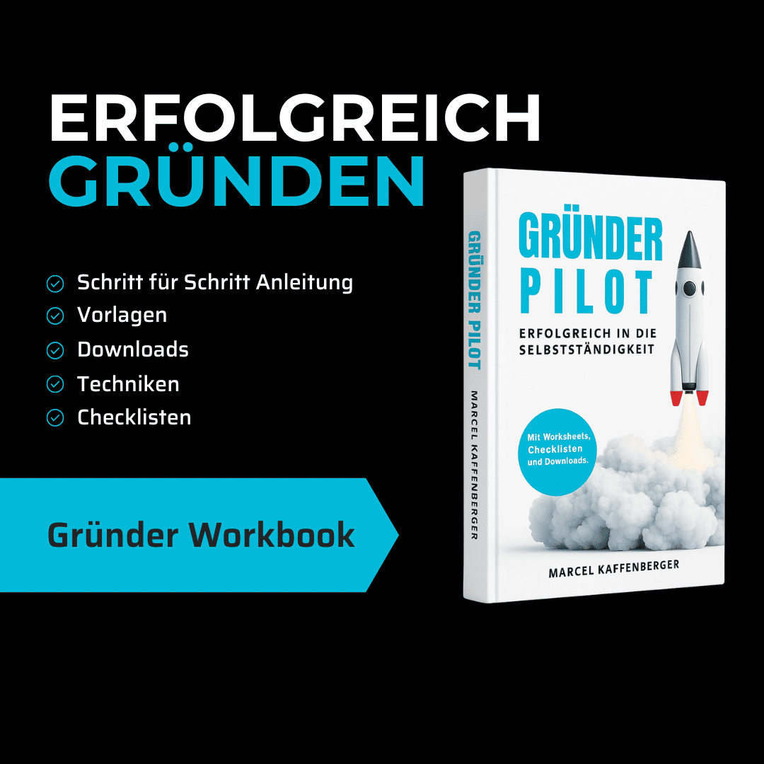 Gründer Pilot Buch-Cover mit Rakete auf Wolken, Erfolgreich in die Selbstständigkeit, Workbook mit Worksheets