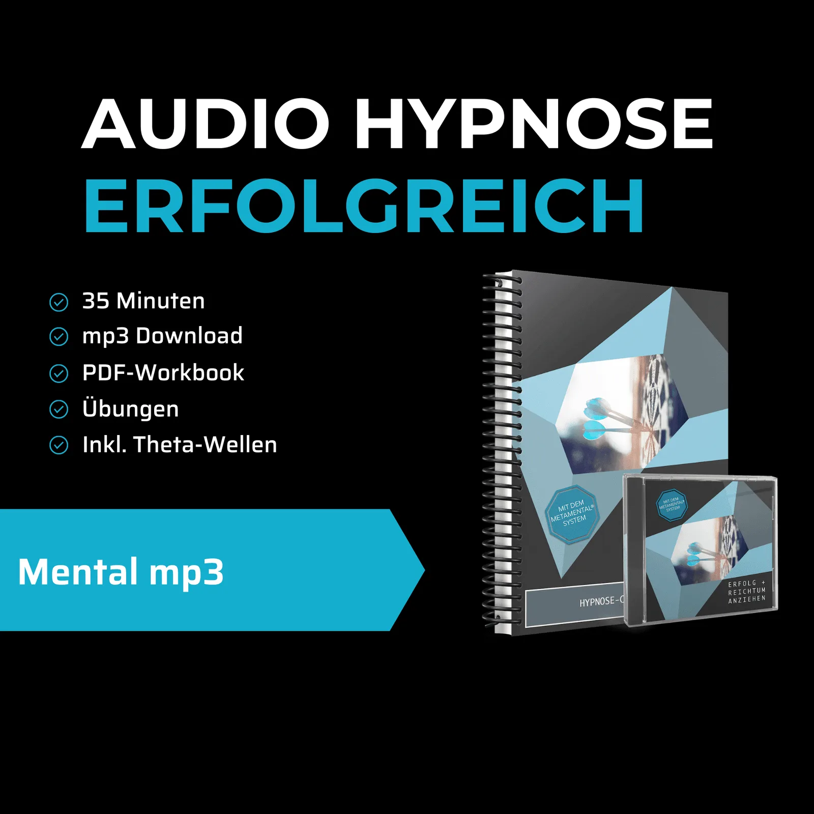 Audio-Hypnose Erfolgreich Werden Poster mit Produktmockup Workbook und CD, Mental mp3 35 Minuten