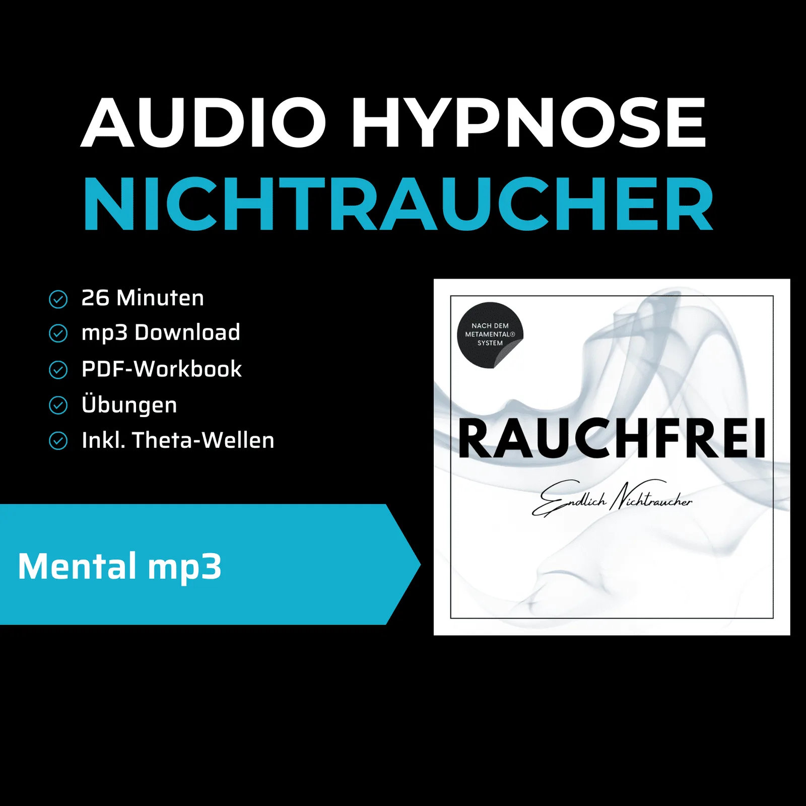 Audio-Hypnose Nichtraucher Werden Poster mit weißem abstraktem Rauch-Design, 26 Minuten Mental mp3