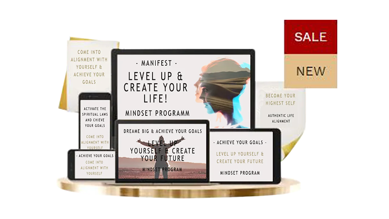 Manifest Mindset Programm mockup mit Geräten und Verkaufs-Badges auf goldenem Podest