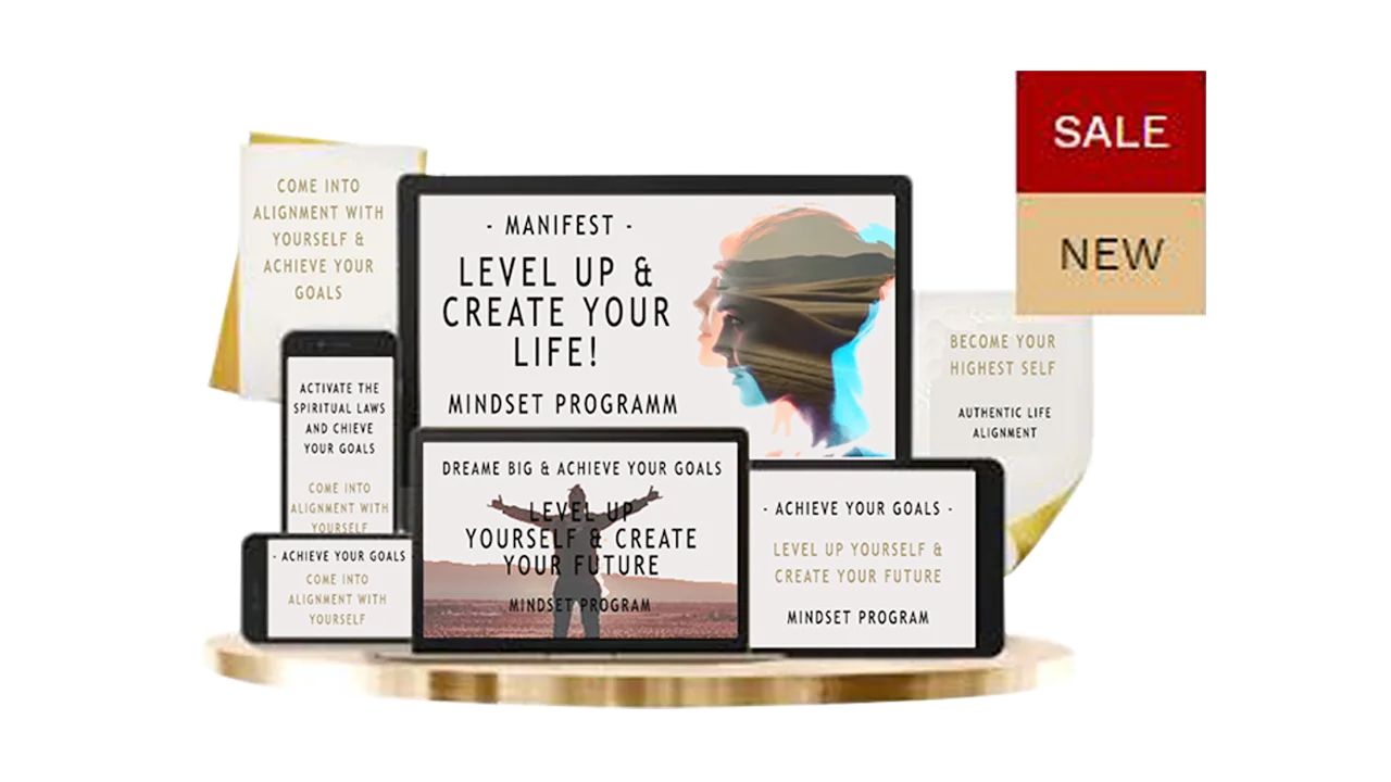 Manifest Mindset Programm mockup mit Geräten und Verkaufs-Badges auf goldenem Podest