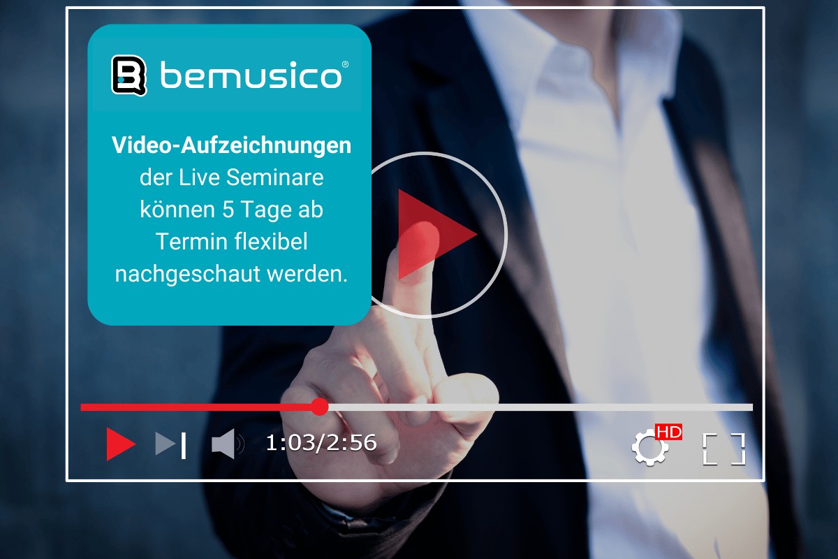 Video-Player mit Play-Button und Aufzeichnungs-Hinweis, Musikerhände mit Instrument