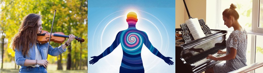 Galerie mit drei Musiker-Bildern: Geigerin, Chakra-Meditation, Pianistin