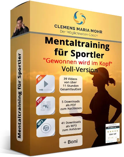Produktbox Mentaltraining für Sportler Voll-Version von Clemens Maria Mohr mit Sportlerin, 39 Videos, PDF und MP3 Downloads