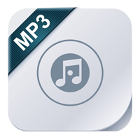 MP3-Datei Icon mit dunkelblauem Ribbon und Musiknoten-Symbol für Audio-Downloads