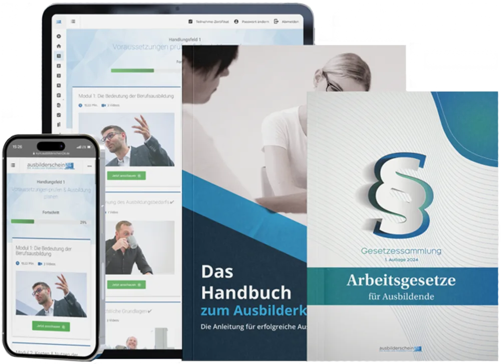 DigiStore Genehmigung Ausbilderschein24 - Desktop- und Smartphone-Ansicht der Online-Lernplattform mit Modulübersicht und Tra