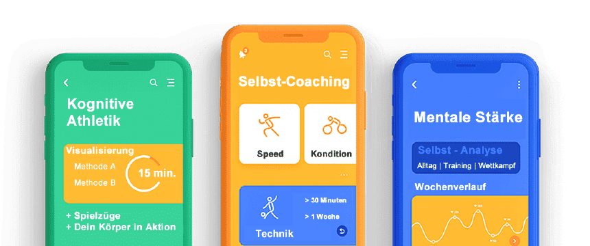 Drei Smartphone-Mockups mit Apps: Kognitive Athletik, Selbst-Coaching, Mentale Stärke