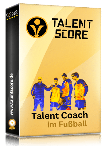Talent Score Talent Coach im Fußball Softwarecover mit gelbem Design und vier Nachwuchsspieler