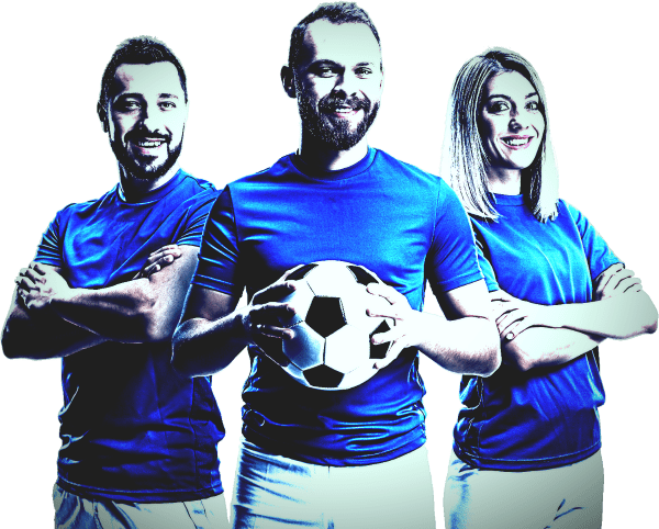 Drei Fußball-Trainer und Coaches in blauen Trikots mit Fußball, Pop-Art-Stil