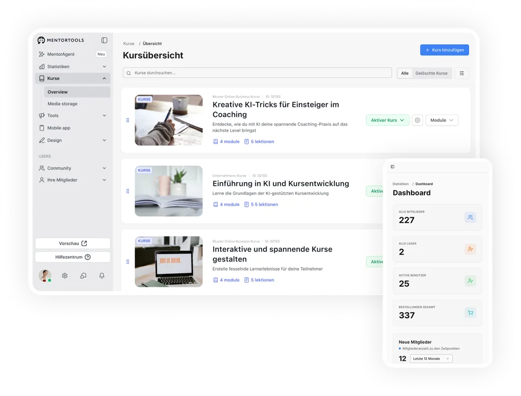 KI Video Erstellung Dashboard von abobot mit Mentoringtools und Verwaltungsoberfläche