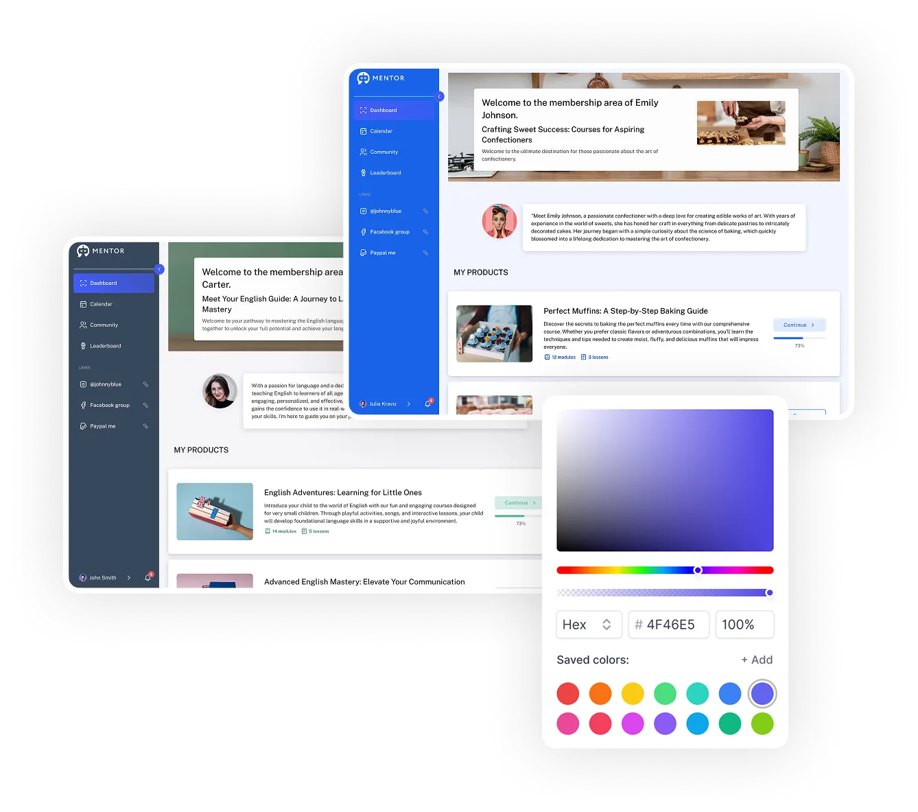Mentortools Mitgliederbereiche für verschiedene Online-Kurse, Farbdesigner-Tool, Willkommensbereiche für Mitglieder