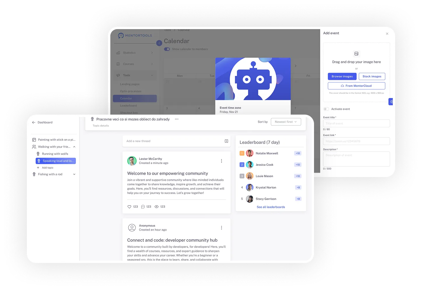 Mentortools Community mit Diskussionsforum, Kalender, Event-Management und Leaderboard