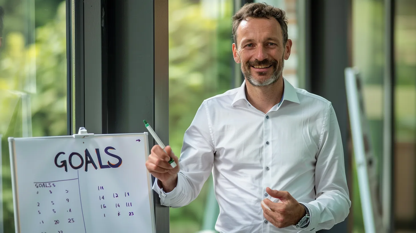 Mann mit Flip Chart zeigt Ziele auf, professioneller Coach in Büroumgebung