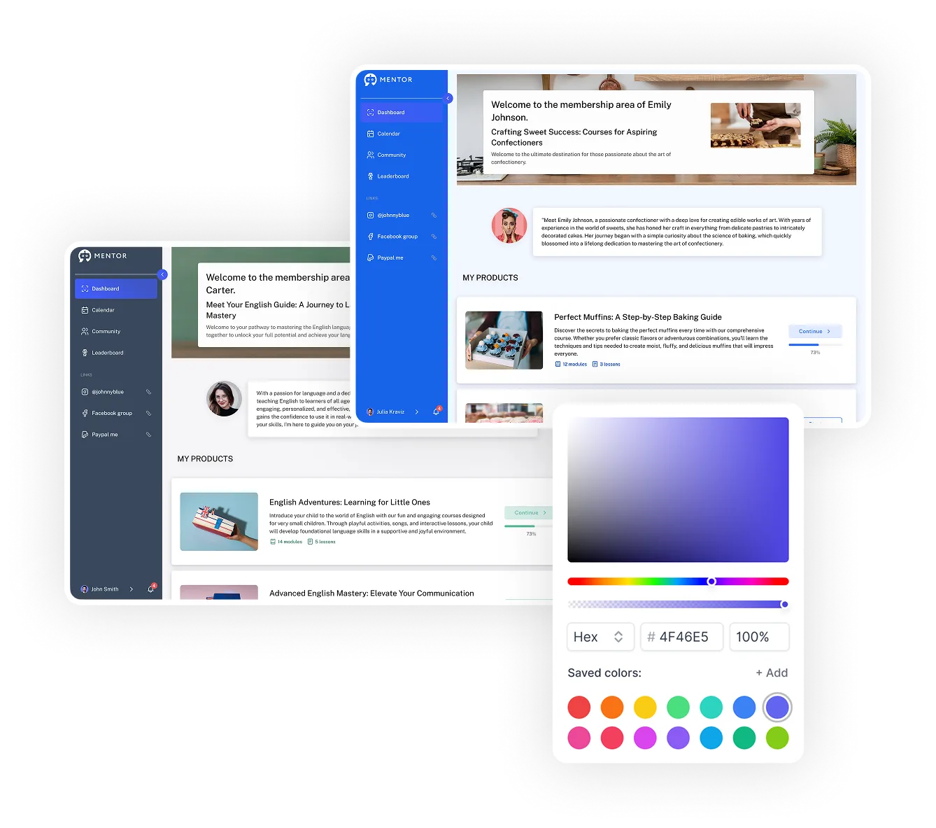 Mentortools Course Building Interface mit Mitgliedschaftsbereich-Preview und Farbdesign-Tools für Anpassungen