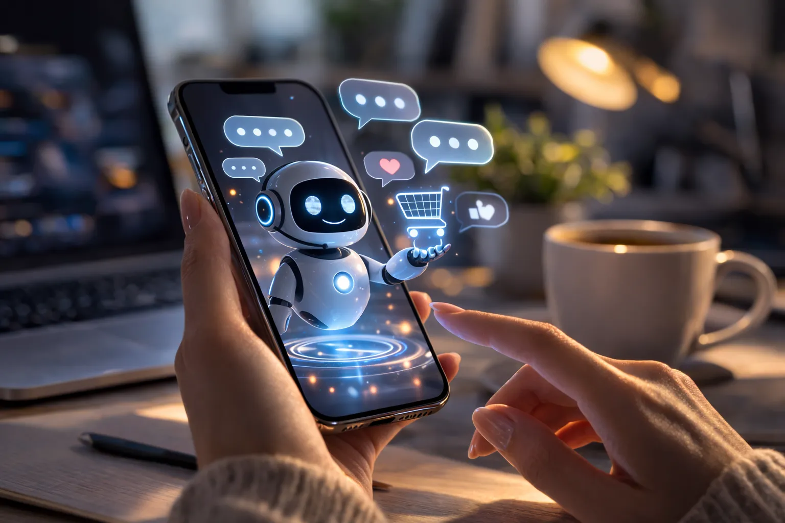 Smartphone mit AI Chatbot auf Display, zeigt Verkaufs-Funktionen mit Sprechblasen, Shopping-Cart und Heart-Icon