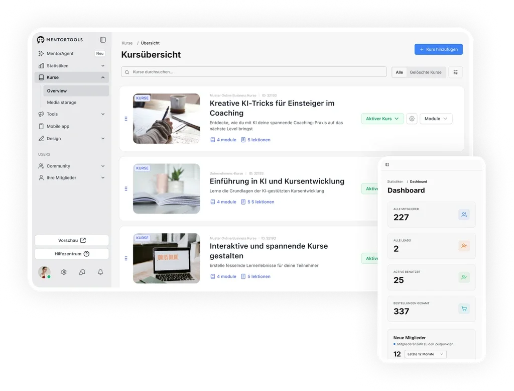 Mentortools Kursübersicht Dashboard mit Kursliste und Statistiken, zeigt Mitgliederzahl, Leads und Bestellungen