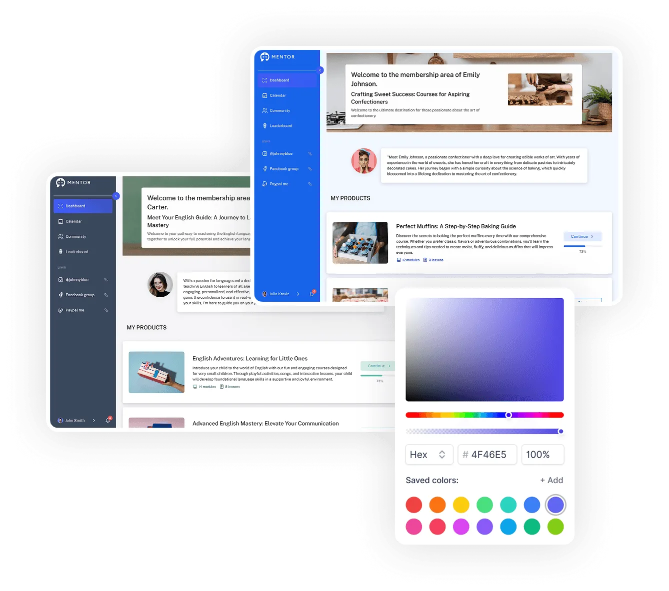 Mentortools Course Building Interface mit Mitgliedschaftsbereich-Preview und Farbdesign-Tools für Anpassungen