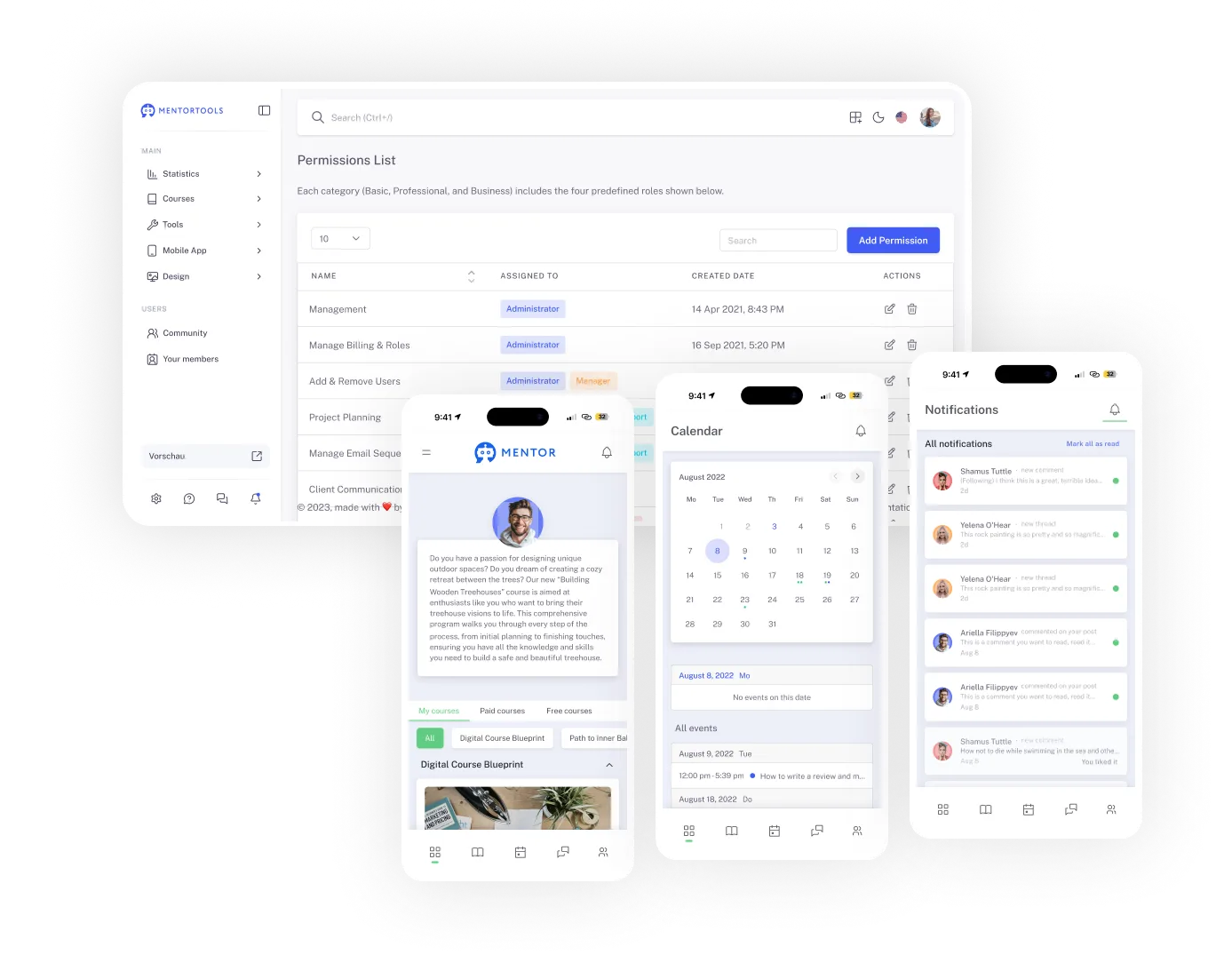 Mentortools Automationen und Analytics Interface mit Berechtigungsverwaltung, Benachrichtigungen und Kalender