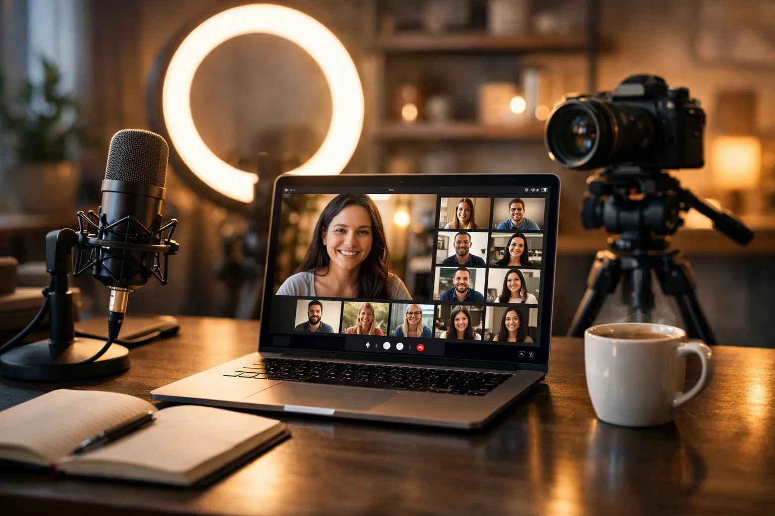Videokonferenz auf Laptop mit Ringlight und Professionalstem Streaming-Setup