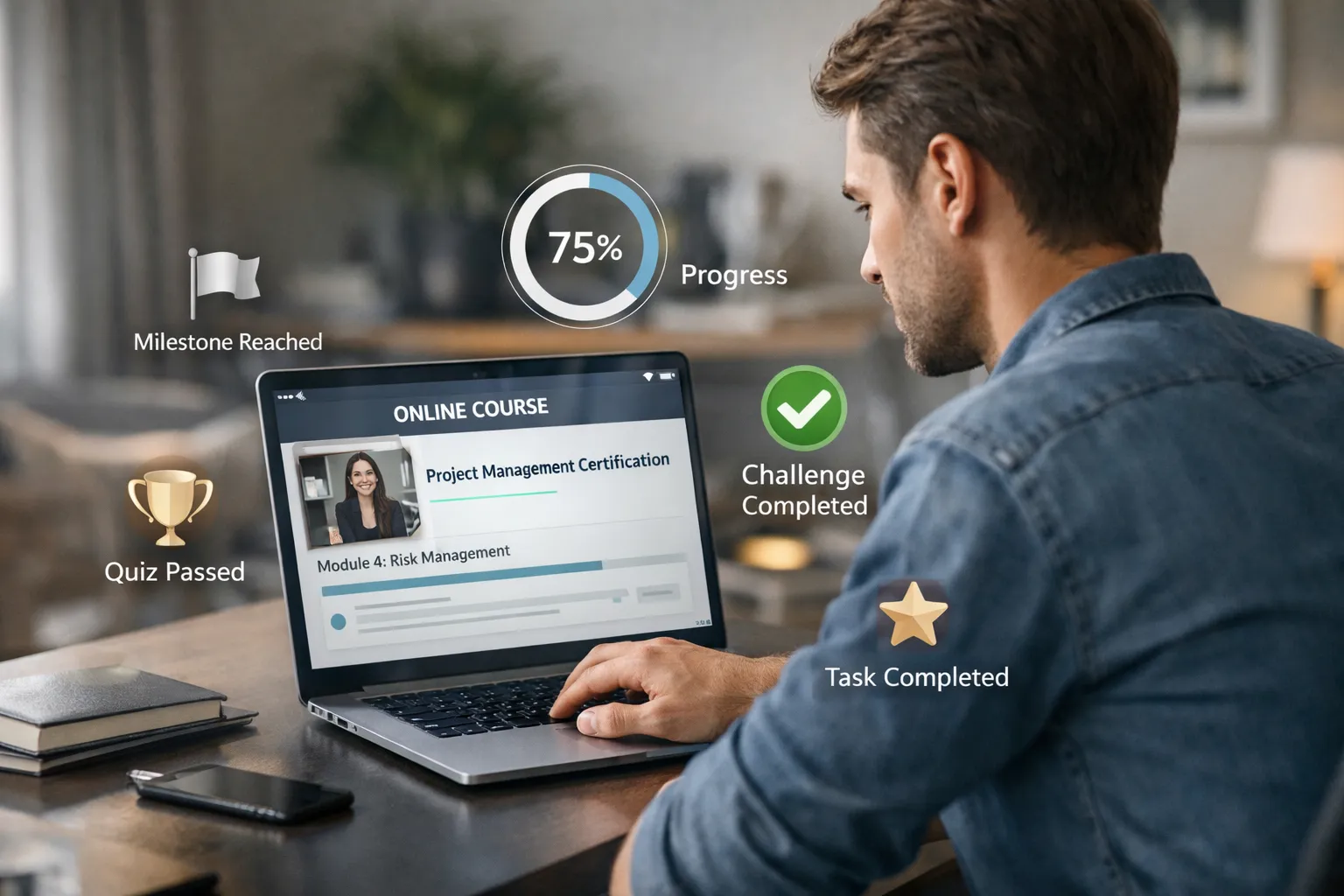 Mann mit Laptop zeigt Gamification Elemente: Milestone, Progress 75%, Quiz Passed, Challenge Completed, Task Completed