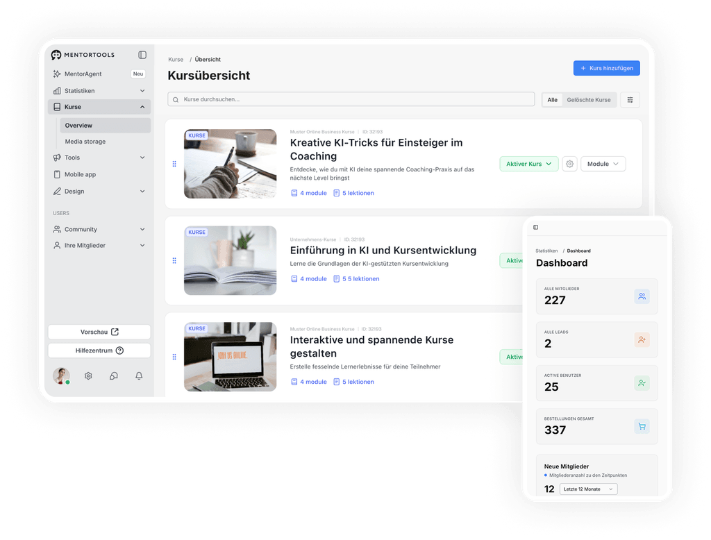 Mentortools Kursübersicht Dashboard mit Kursliste und Statistiken, zeigt Mitgliederzahl, Leads und Bestellungen