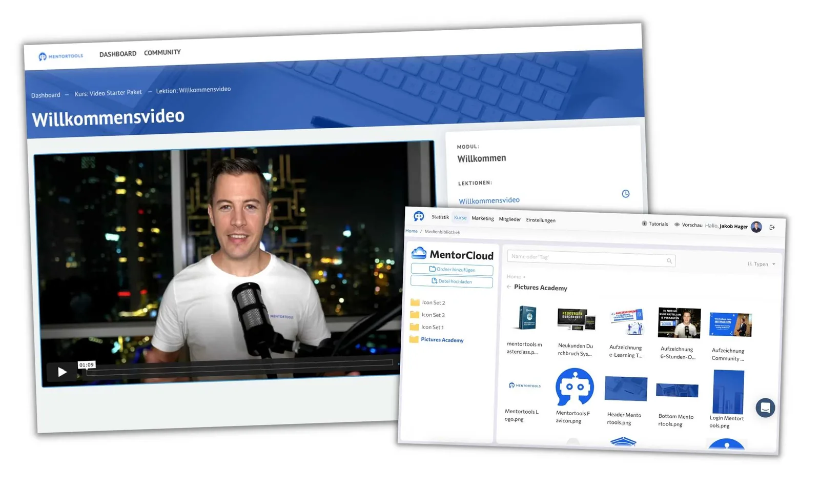 Mentortools Willkommensvideo mit männlichem Moderator vor Stadtkulisse, Kursplattform-Interface mit Dateiverwaltung