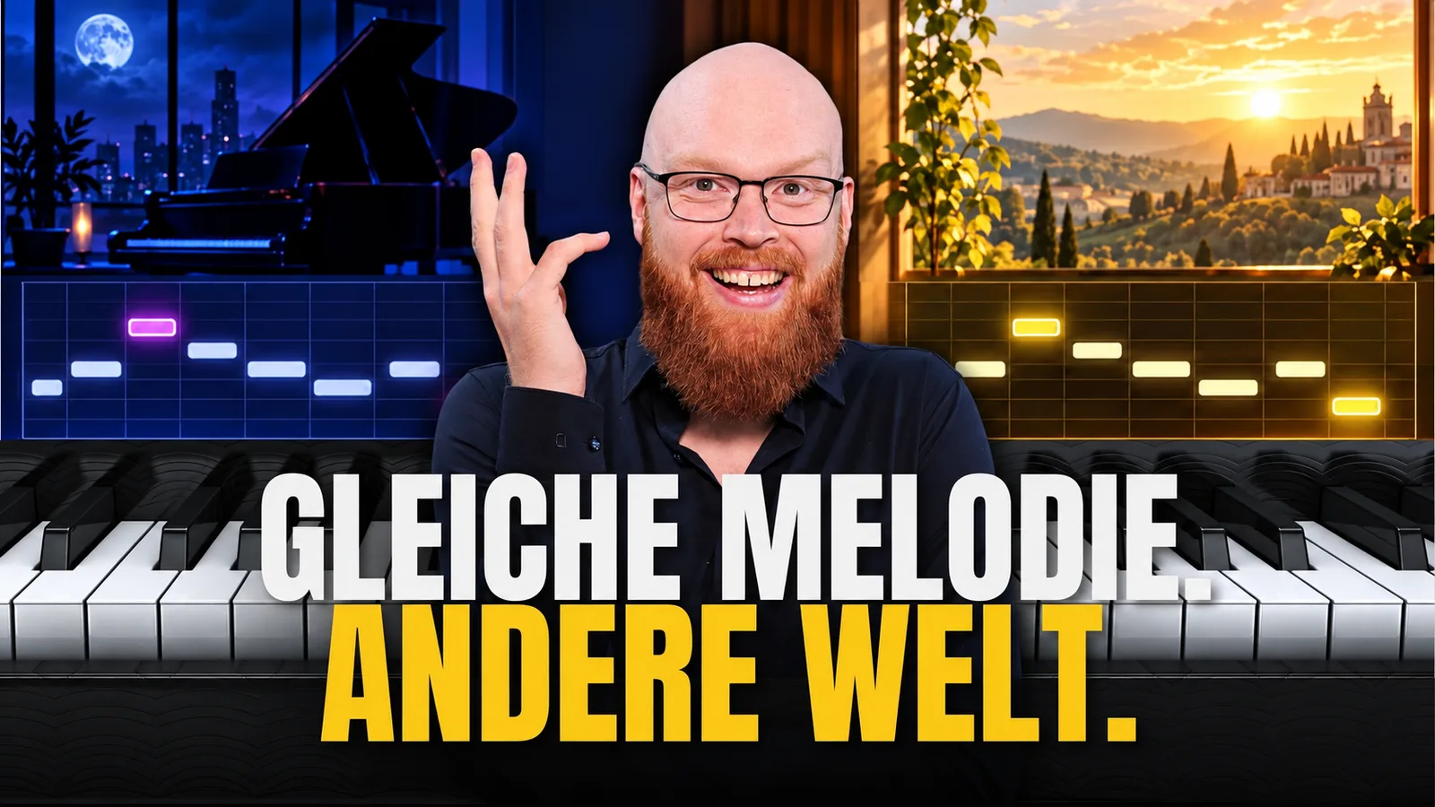 Bearded instructor with raised hand gesturing, MIDI-Notenvisualisierung, Klaviatur und Skylines