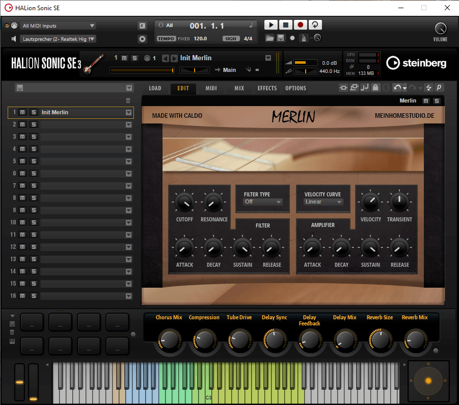HALion Sonic SE 3 mit Merlin Preset – Sampler und Filter Interface in Brauntönen