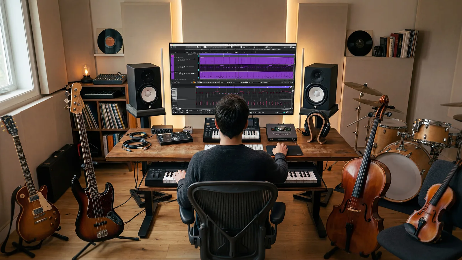 Musikproduzent sitzt an Schreibtisch mit Monitor, Keyboards, Gitarren und Schlagzeug