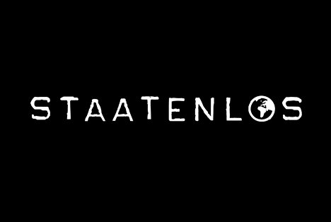 Staatenlos Logo mit Globus-Symbol weiß auf schwarzem Hintergrund