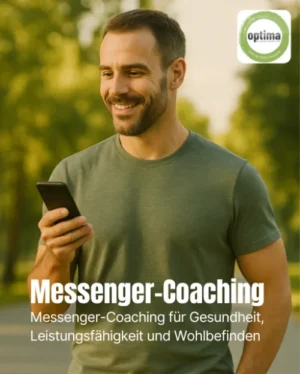 Mann mit Smartphone vor grünem Hintergrund mit optima Logo, Messenger-Coaching Neustart