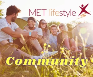 MET lifestyle Logo mit Gruppe von fünf Personen im Freien, Community-Text