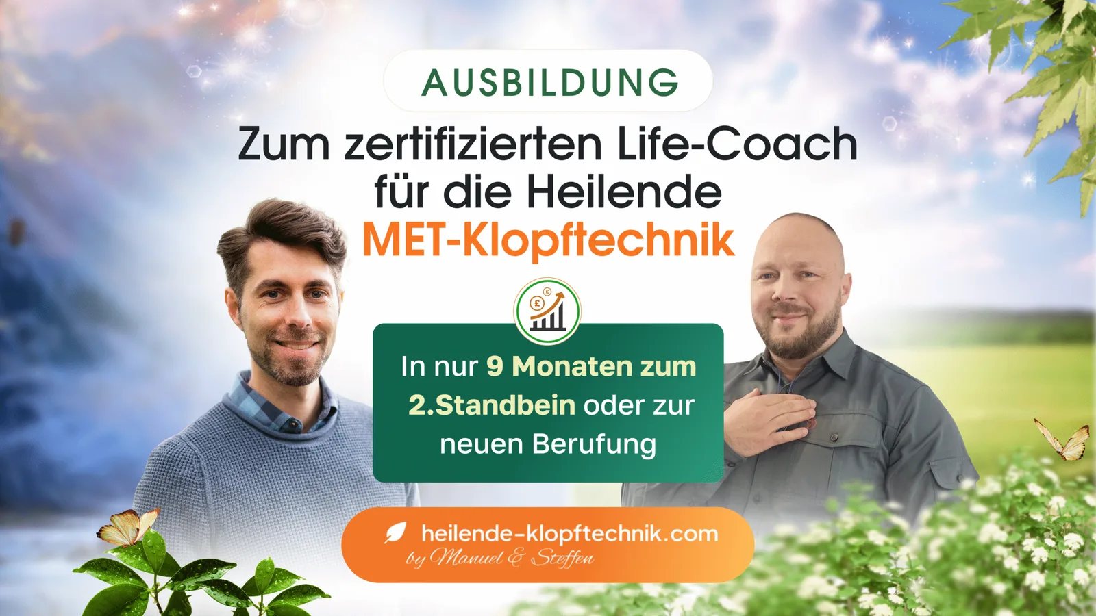 Hero-Banner zur MET-Klopftechnik Ausbildung mit zwei männlichen Trainern, Naturhintergrund und Kursangebot
