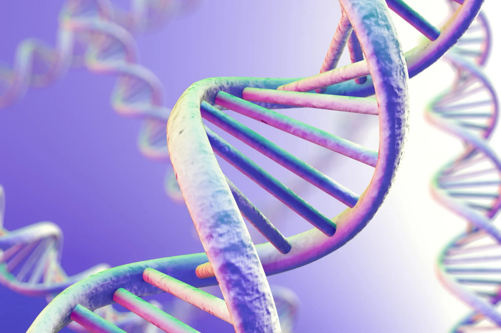 Bunte DNA-Helix mit Gradient in Blau, Grün, Pink und Gelb auf lila Hintergrund