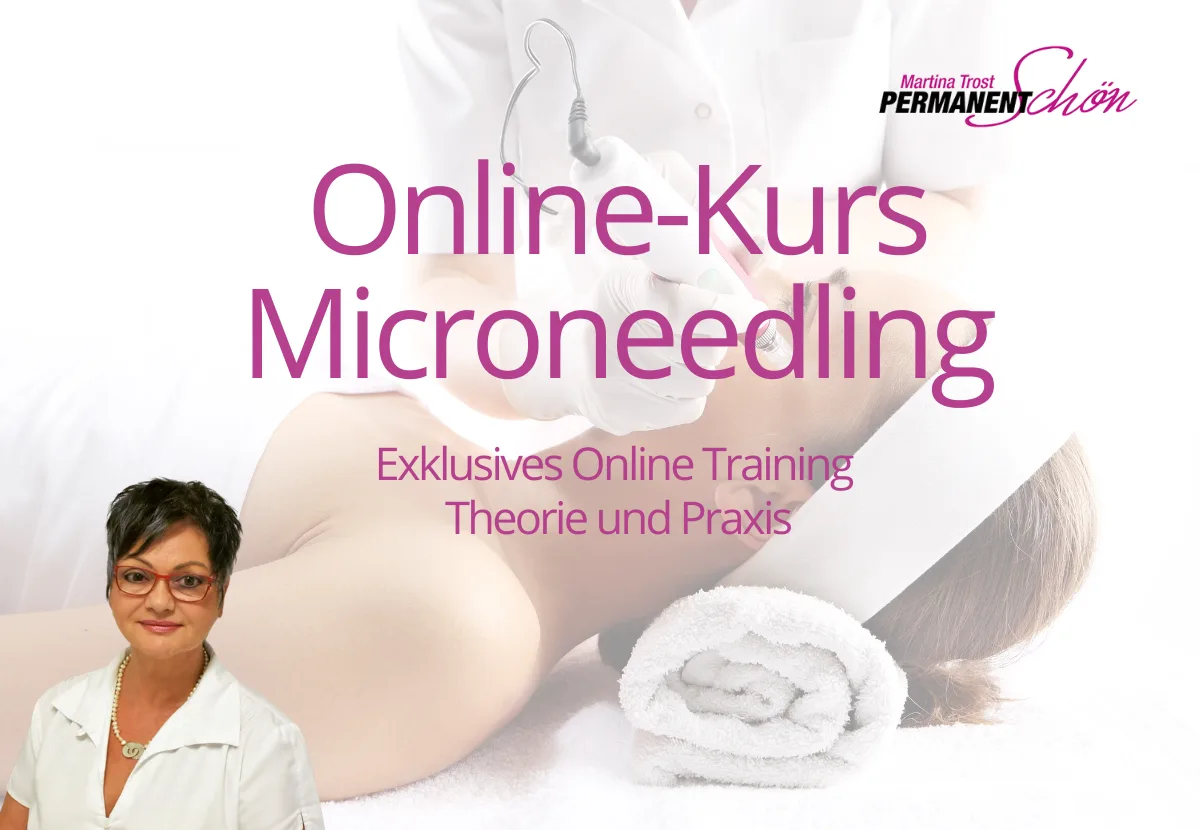 Banner zum Online-Kurs Microneedling mit Martina Trost, Microneedling-Gerät und Handtuch
