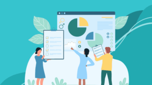 Illustration zum Microsoft 365 Forms Einsteigertraining mit drei Personen, die Formulare und Datenanalysen erstellen