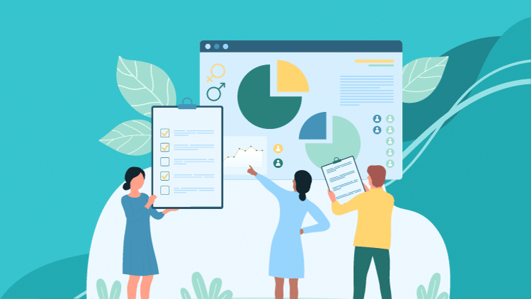 Illustration zum Microsoft 365 Forms Einsteigertraining mit drei Personen, die Formulare und Datenanalysen erstellen