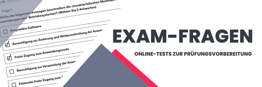 Microsoft Access 365 – Das Einsteiger-Datenbank-Training 3 Exam-Fragen Banner zeigt Prüfungsfragen mit Checkboxen und Antworten neben Überschrift