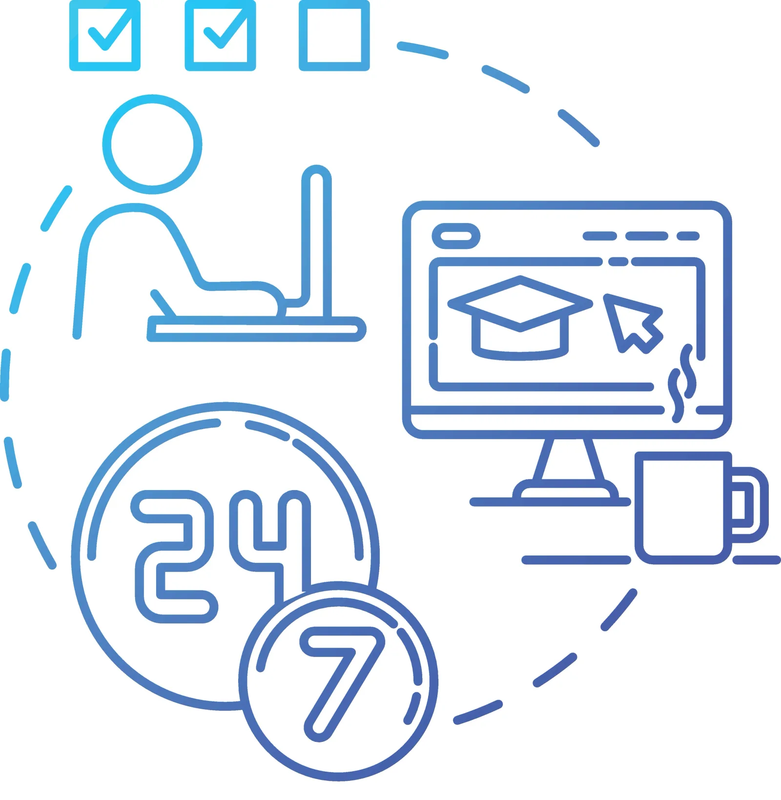 Infografik zu Lernvideo-Portal mit Icons für Checklisten, Nutzer, Präsentation, Timer und Schulungszeiten