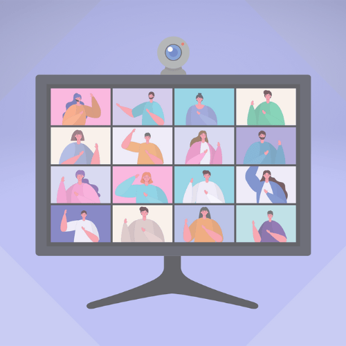 Illustrierte Monitor-Videokonferenz mit 16 Teilnehmern in verschiedenen Farben