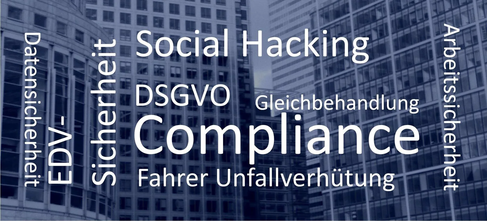 Compliance-Banner mit Bürogebäude und Sicherheits- sowie Datenschutz-Keywords