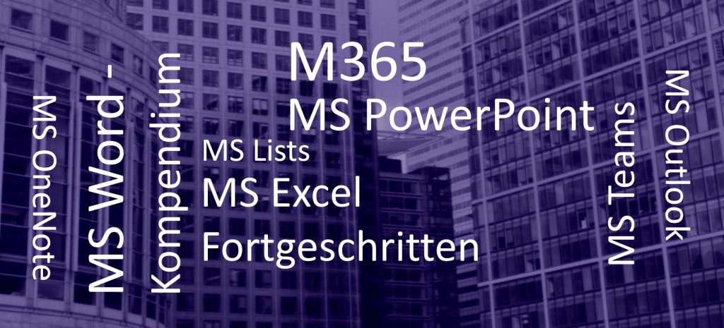 Microsoft Word für Einsteiger – Videokurs für Briefe und Flyer 4 Tutorial-Banner mit Microsoft 365, MS Word, PowerPoint, Excel, Listen und Fortgeschritten