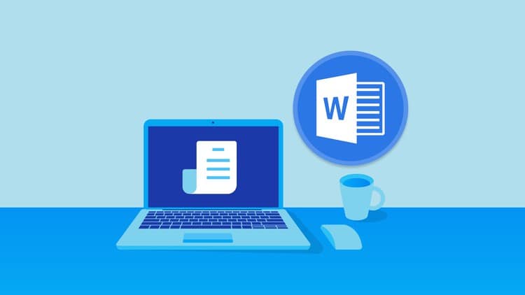 Illustration zum Microsoft Word Training mit Laptop, Word-Symbol und Kaffeetasse auf blauem Hintergrund