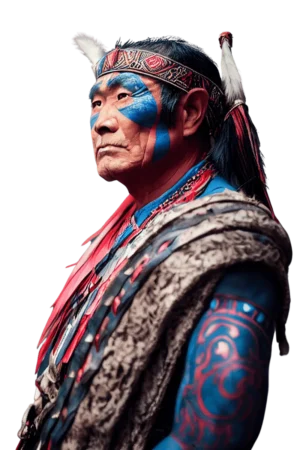 Indigenous warrior with blue and red facial paint, feathered headdress and traditional clothing, Midjourney Masterclass