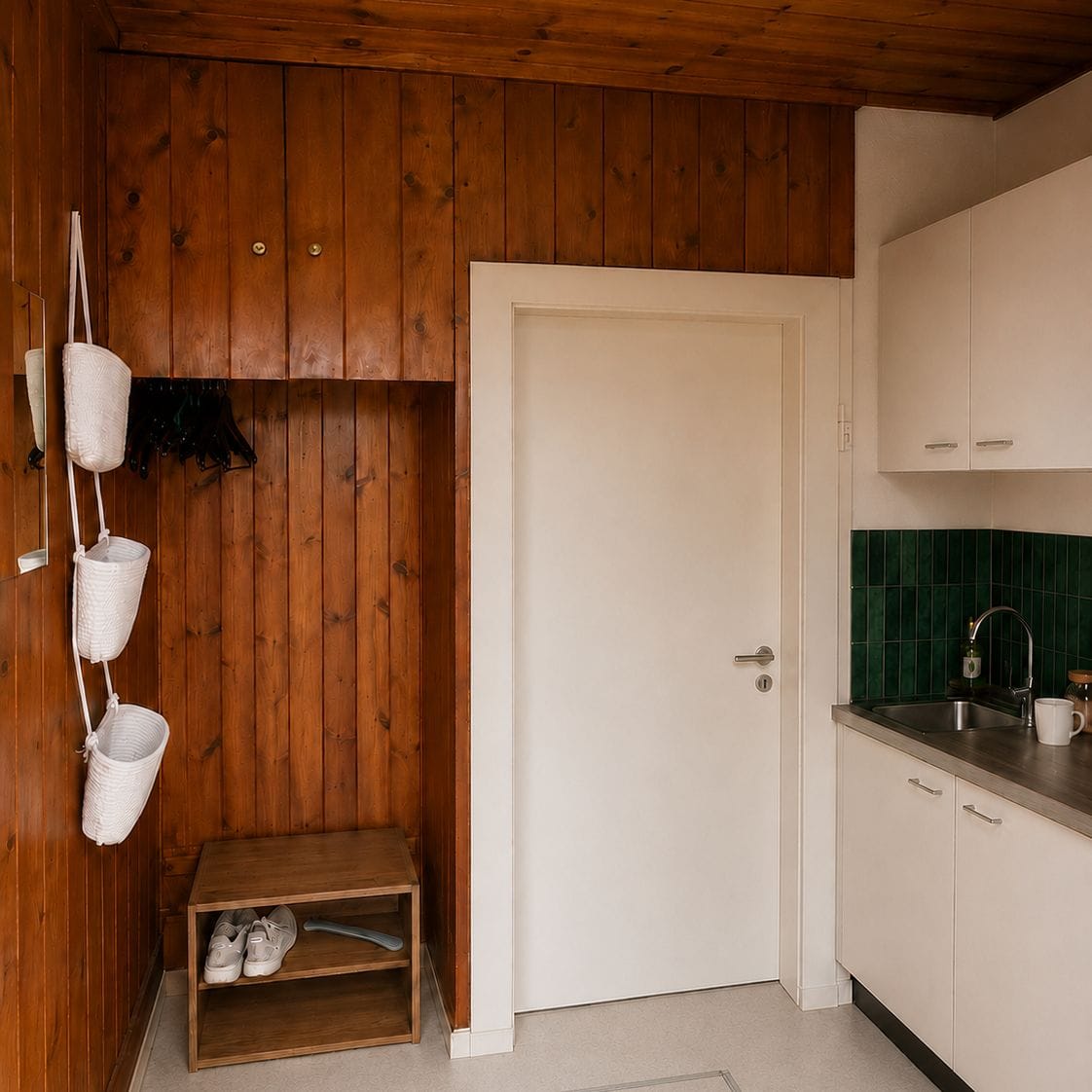 Eingebaute Küchenzeile in Gartenhaus mit weißen Unterschränken, Spüle, Dunkelgrüner Wandfliese